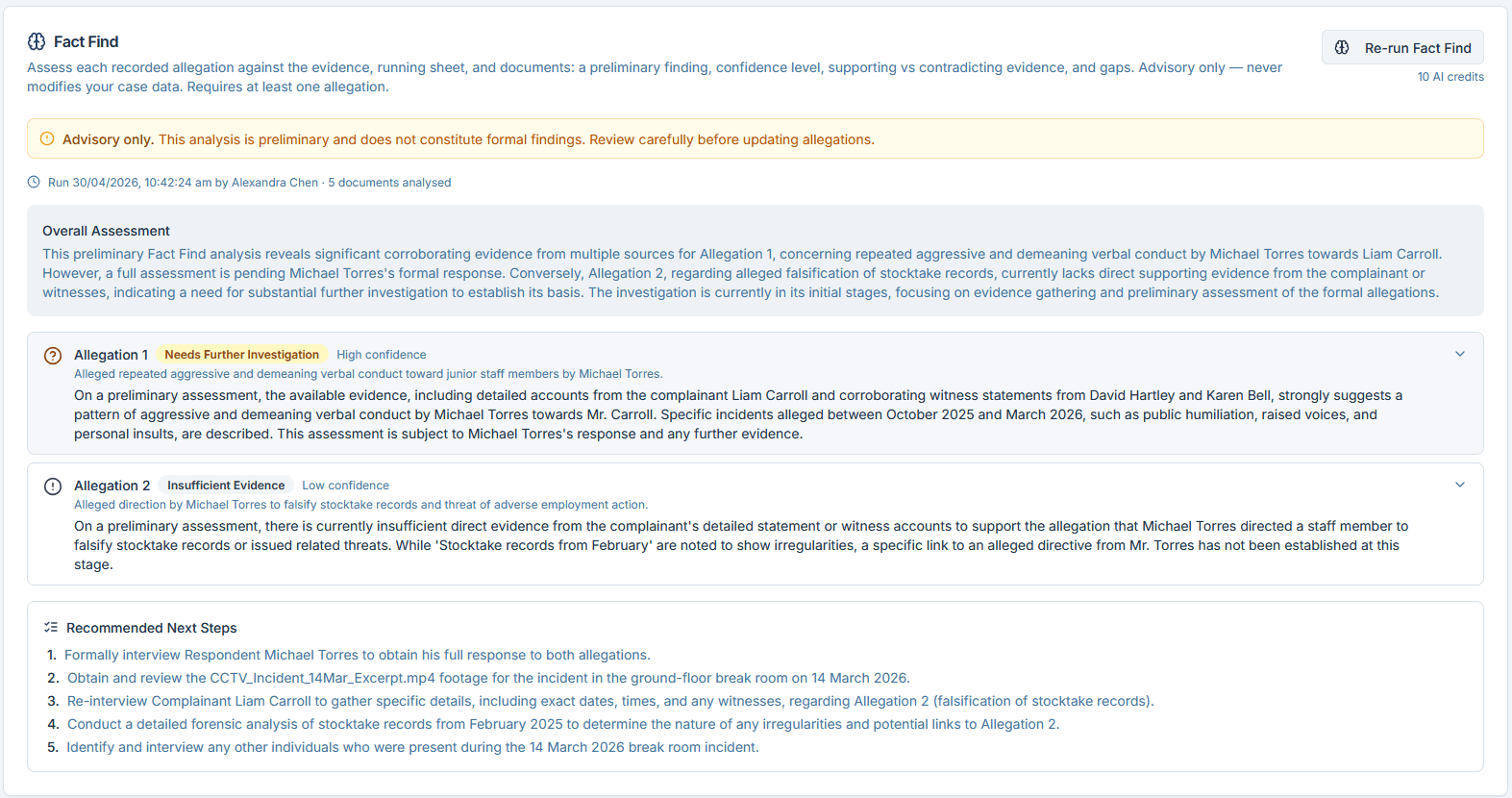AI Fact Find per-allegation analysis with confidence levels and recommended next steps in Case360