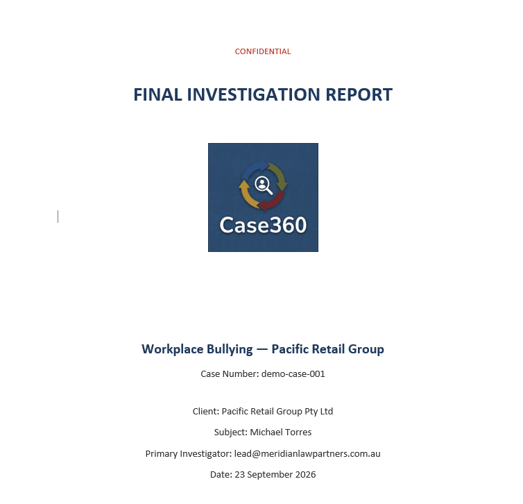 Generated final investigation report cover page with firm branding in Case360